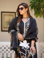 Embroidered Kurta With Pant & Embroidered Cut Work Organza Dupatta, Black - Hiral Fashion | Grocsy