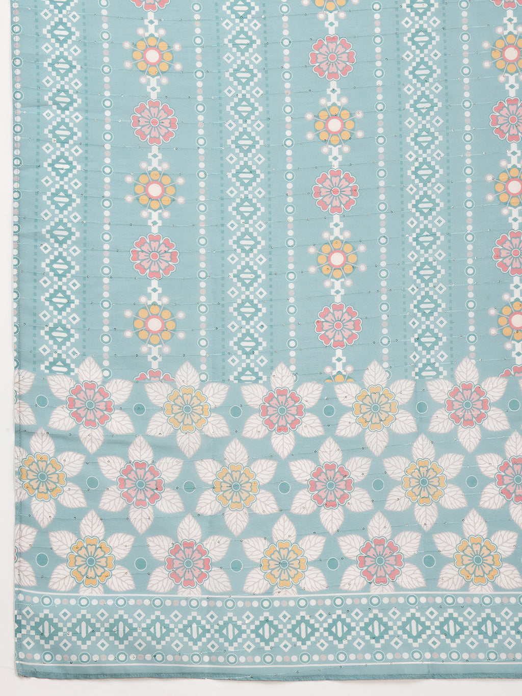 Floral Embroidered Tie Up Neck Kurta With Pant & Dupatta, Turquoise - Hiral Fashion | Grocsy