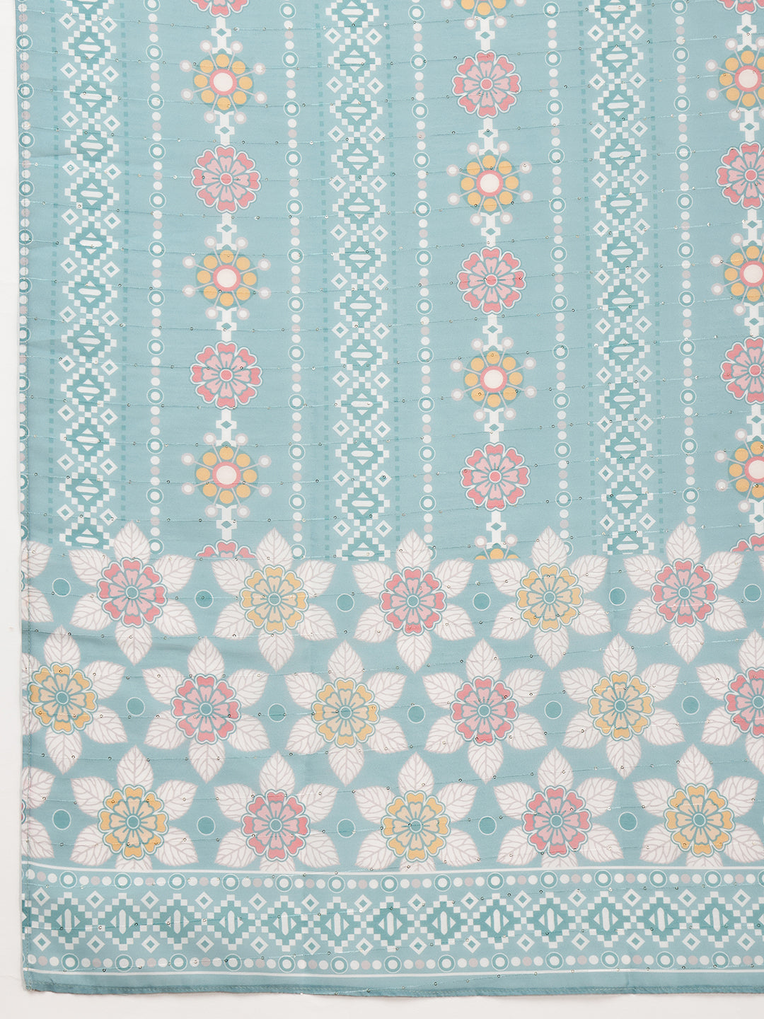 Floral Embroidered Tie Up Neck Kurta With Pant & Dupatta, Turquoise - Hiral Fashion | Grocsy
