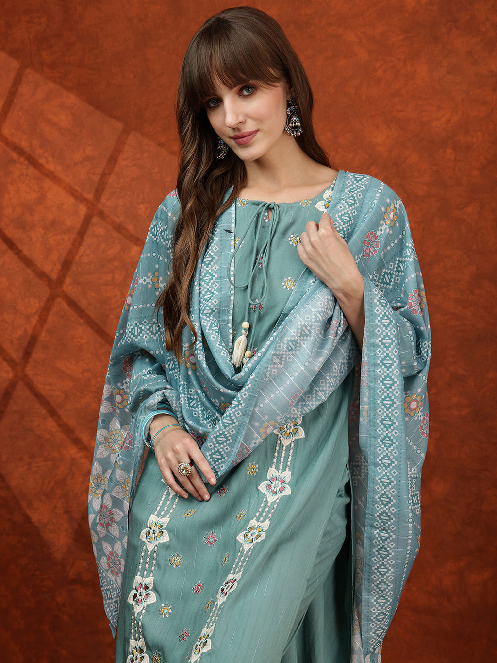 Floral Embroidered Tie Up Neck Kurta With Pant & Dupatta, Turquoise - Hiral Fashion | Grocsy