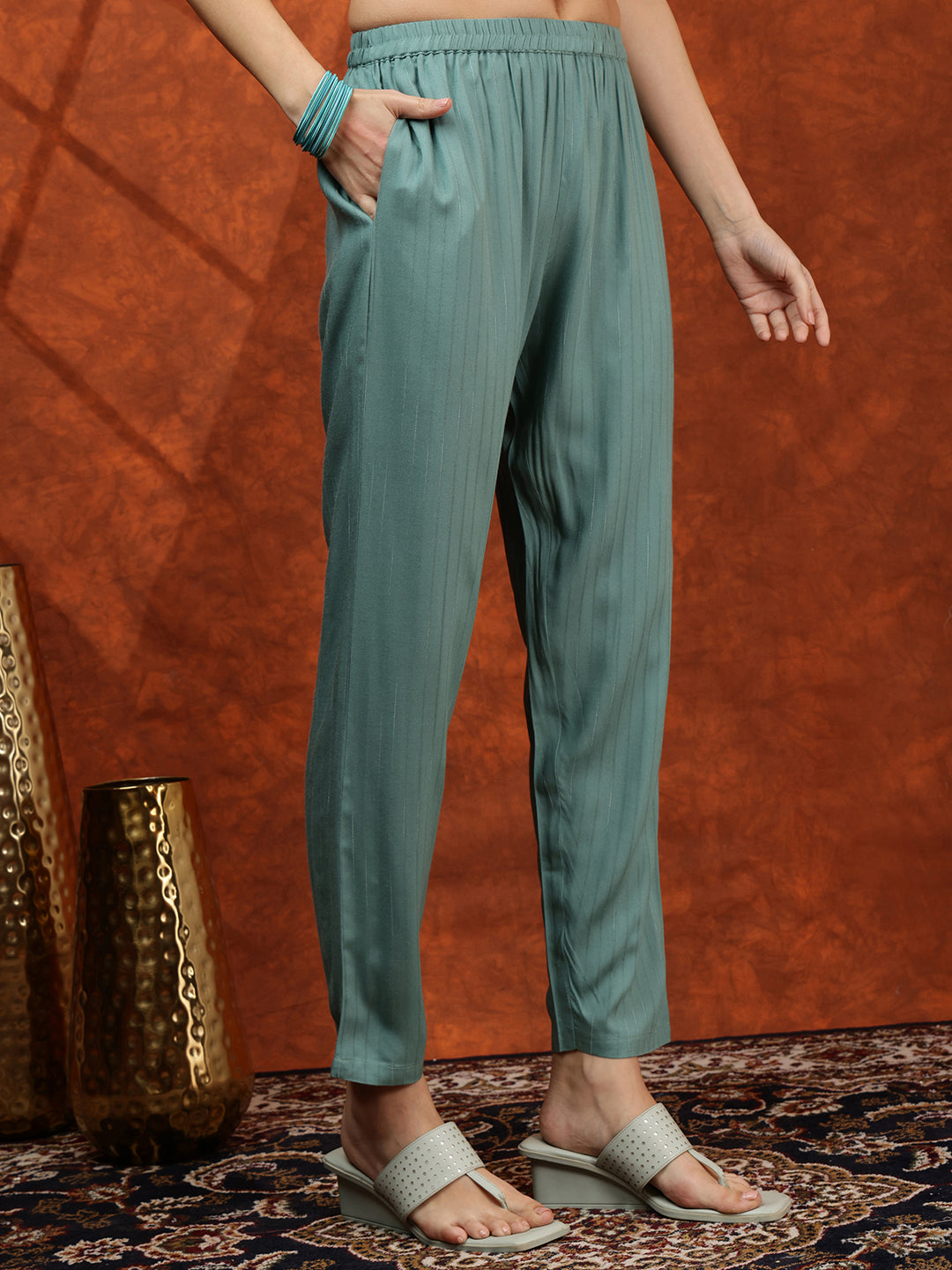 Floral Embroidered Tie Up Neck Kurta With Pant & Dupatta, Turquoise - Hiral Fashion | Grocsy