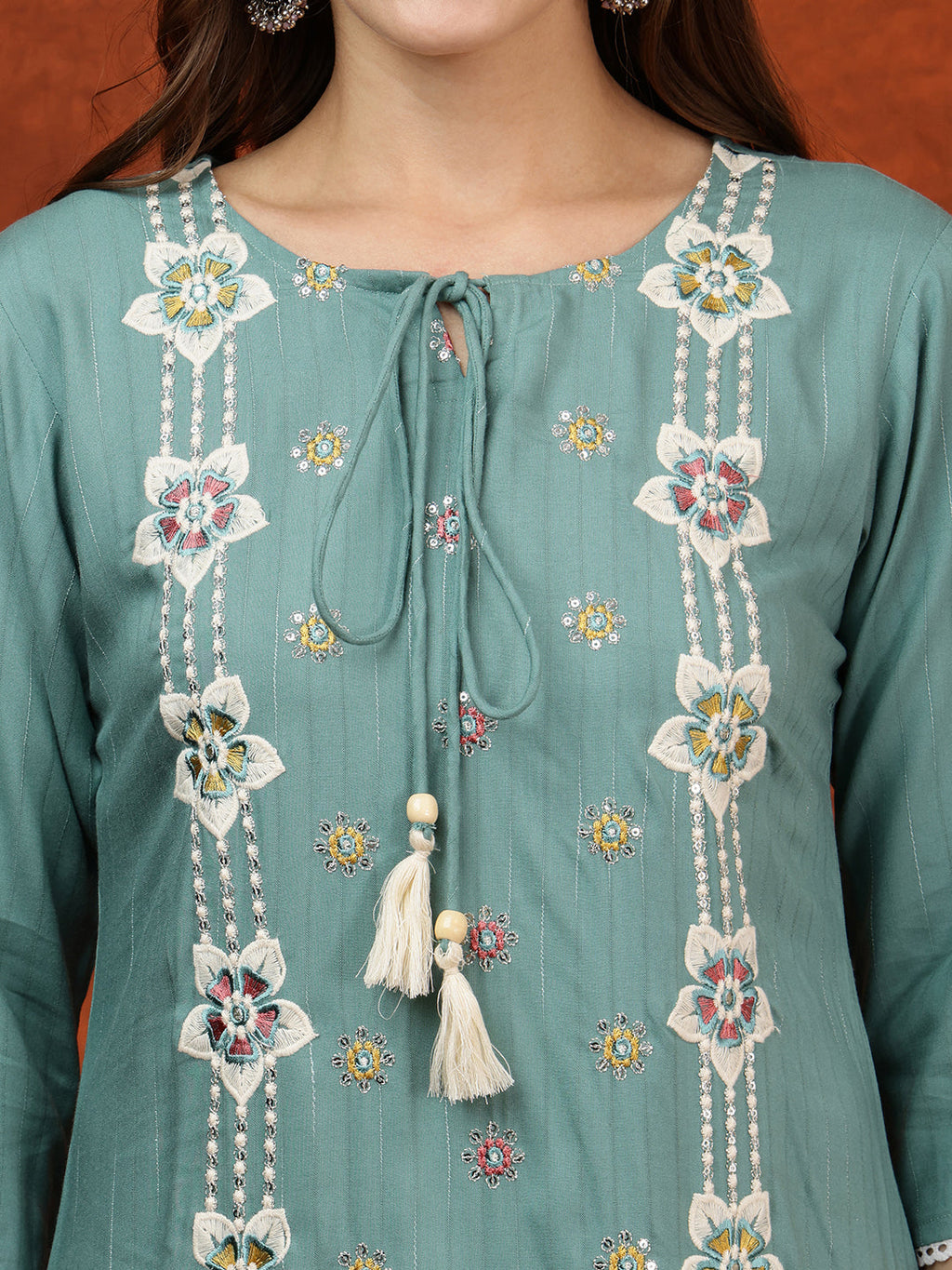 Floral Embroidered Tie Up Neck Kurta With Pant & Dupatta, Turquoise - Hiral Fashion | Grocsy