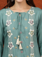 Floral Embroidered Tie Up Neck Kurta With Pant & Dupatta, Turquoise - Hiral Fashion | Grocsy
