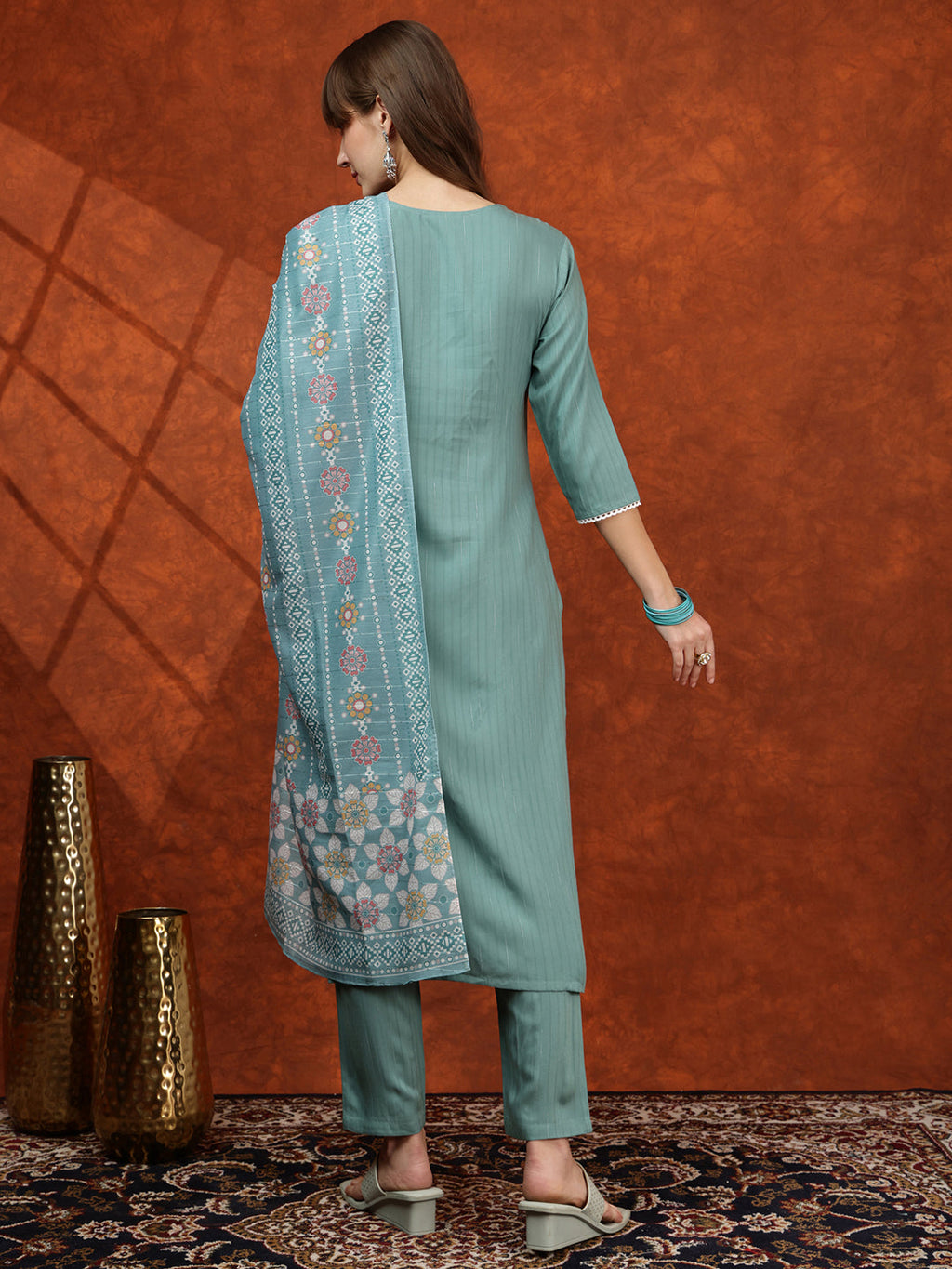 Floral Embroidered Tie Up Neck Kurta With Pant & Dupatta, Turquoise - Hiral Fashion | Grocsy