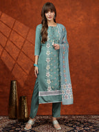Floral Embroidered Tie Up Neck Kurta With Pant & Dupatta, Turquoise - Hiral Fashion | Grocsy