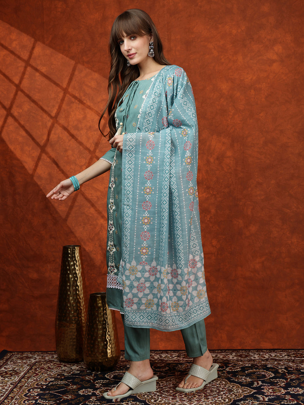 Floral Embroidered Tie Up Neck Kurta With Pant & Dupatta, Turquoise - Hiral Fashion | Grocsy