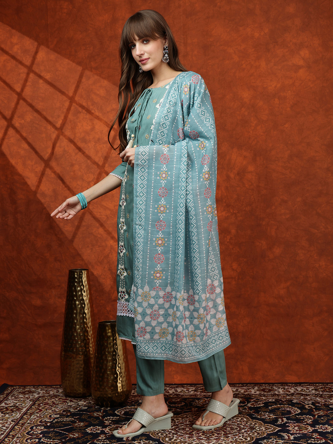 Floral Embroidered Tie Up Neck Kurta With Pant & Dupatta, Turquoise - Hiral Fashion | Grocsy