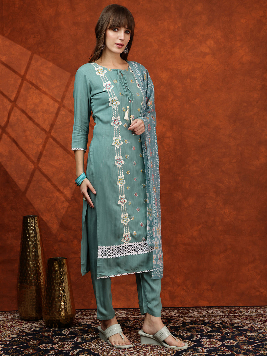 Floral Embroidered Tie Up Neck Kurta With Pant & Dupatta, Turquoise - Hiral Fashion | Grocsy