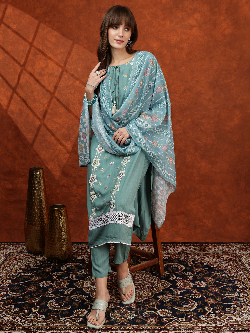 Floral Embroidered Tie Up Neck Kurta With Pant & Dupatta, Turquoise - Hiral Fashion | Grocsy