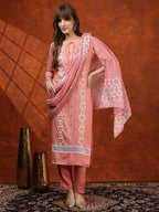 Floral Embroidered Tie Up Neck Kurta With Pant & Dupatta, Pink - Hiral Fashion | Grocsy