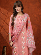 Floral Embroidered Tie Up Neck Kurta With Pant & Dupatta, Pink - Hiral Fashion | Grocsy