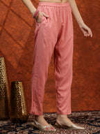Floral Embroidered Tie Up Neck Kurta With Pant & Dupatta, Pink - Hiral Fashion | Grocsy