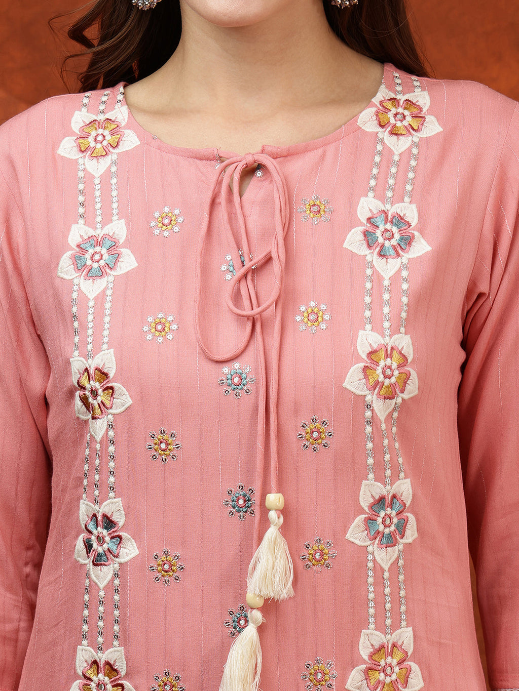 Floral Embroidered Tie Up Neck Kurta With Pant & Dupatta, Pink - Hiral Fashion | Grocsy