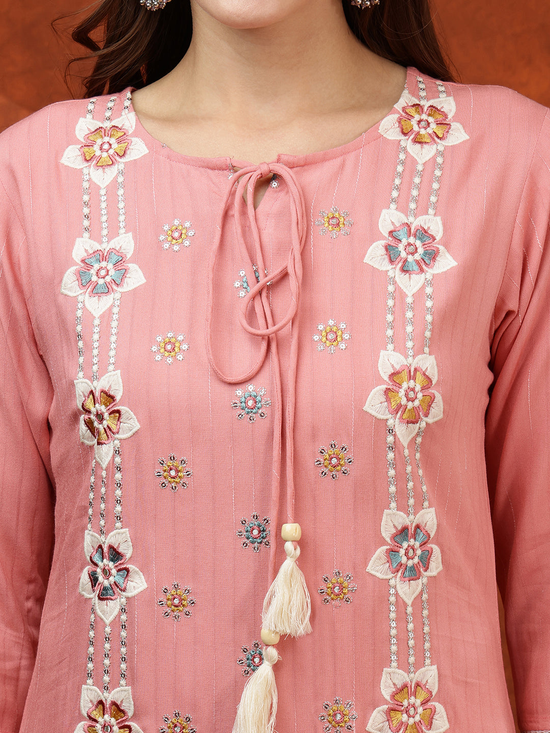 Floral Embroidered Tie Up Neck Kurta With Pant & Dupatta, Pink - Hiral Fashion | Grocsy