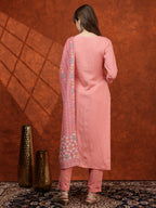 Floral Embroidered Tie Up Neck Kurta With Pant & Dupatta, Pink - Hiral Fashion | Grocsy