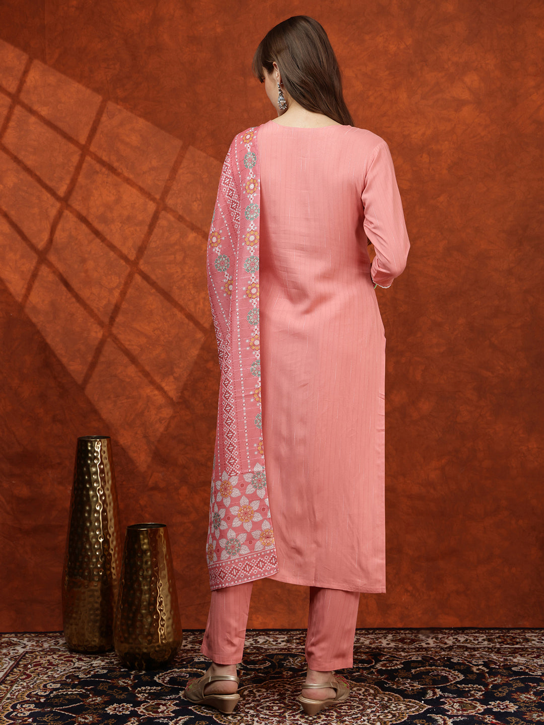 Floral Embroidered Tie Up Neck Kurta With Pant & Dupatta, Pink - Hiral Fashion | Grocsy