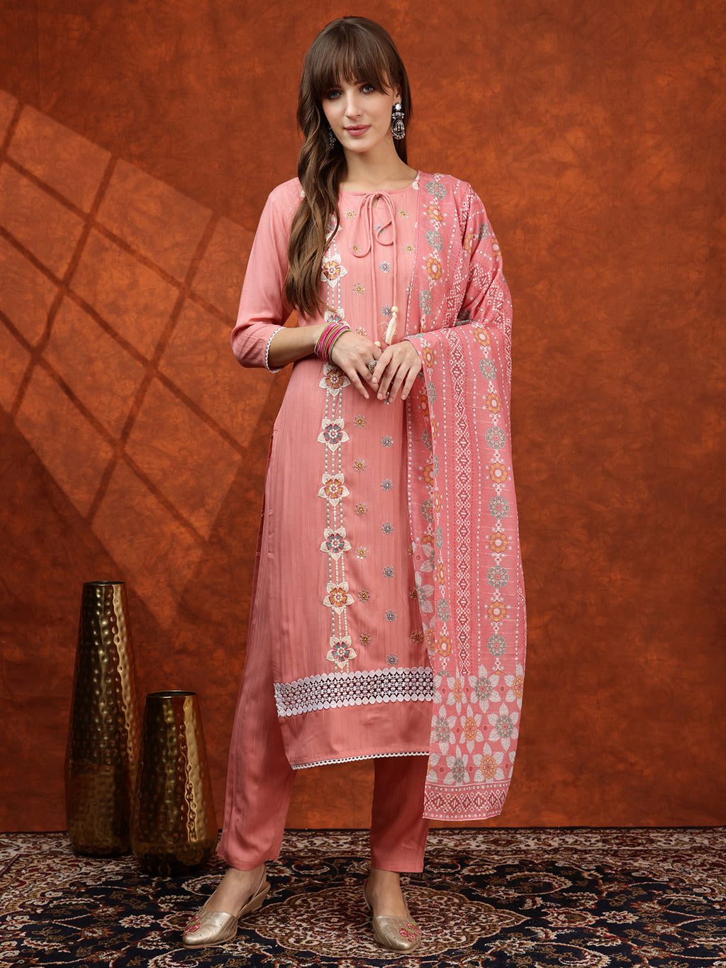 Floral Embroidered Tie Up Neck Kurta With Pant & Dupatta, Pink - Hiral Fashion | Grocsy