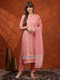 Floral Embroidered Tie Up Neck Kurta With Pant & Dupatta, Pink - Hiral Fashion | Grocsy