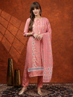 Floral Embroidered Tie Up Neck Kurta With Pant & Dupatta, Pink - Hiral Fashion | Grocsy