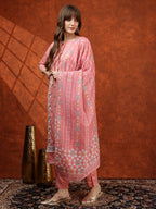 Floral Embroidered Tie Up Neck Kurta With Pant & Dupatta, Pink - Hiral Fashion | Grocsy