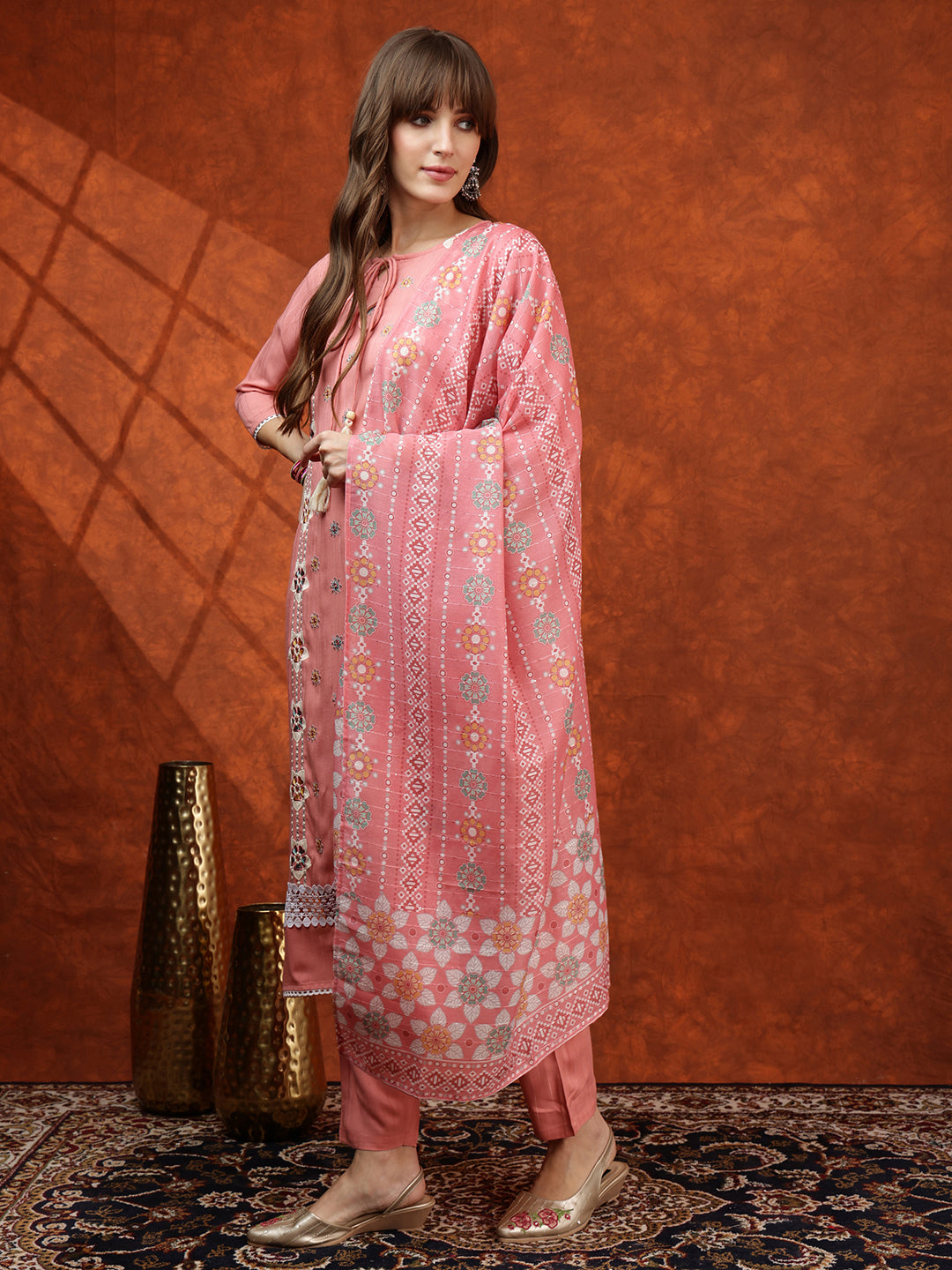 Floral Embroidered Tie Up Neck Kurta With Pant & Dupatta, Pink - Hiral Fashion | Grocsy