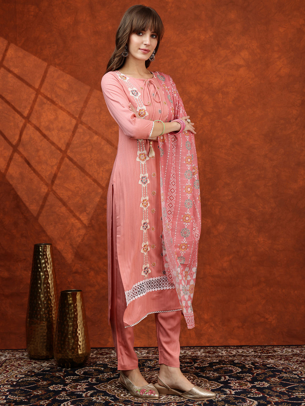 Floral Embroidered Tie Up Neck Kurta With Pant & Dupatta, Pink - Hiral Fashion | Grocsy