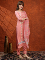 Floral Embroidered Tie Up Neck Kurta With Pant & Dupatta, Pink - Hiral Fashion | Grocsy