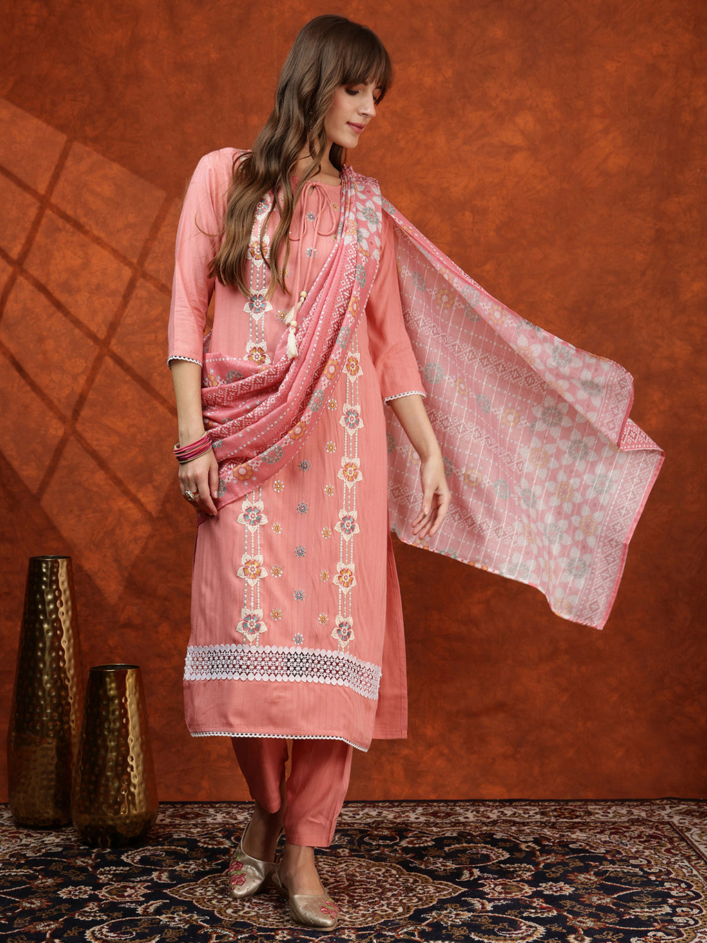 Floral Embroidered Tie Up Neck Kurta With Pant & Dupatta, Pink - Hiral Fashion | Grocsy