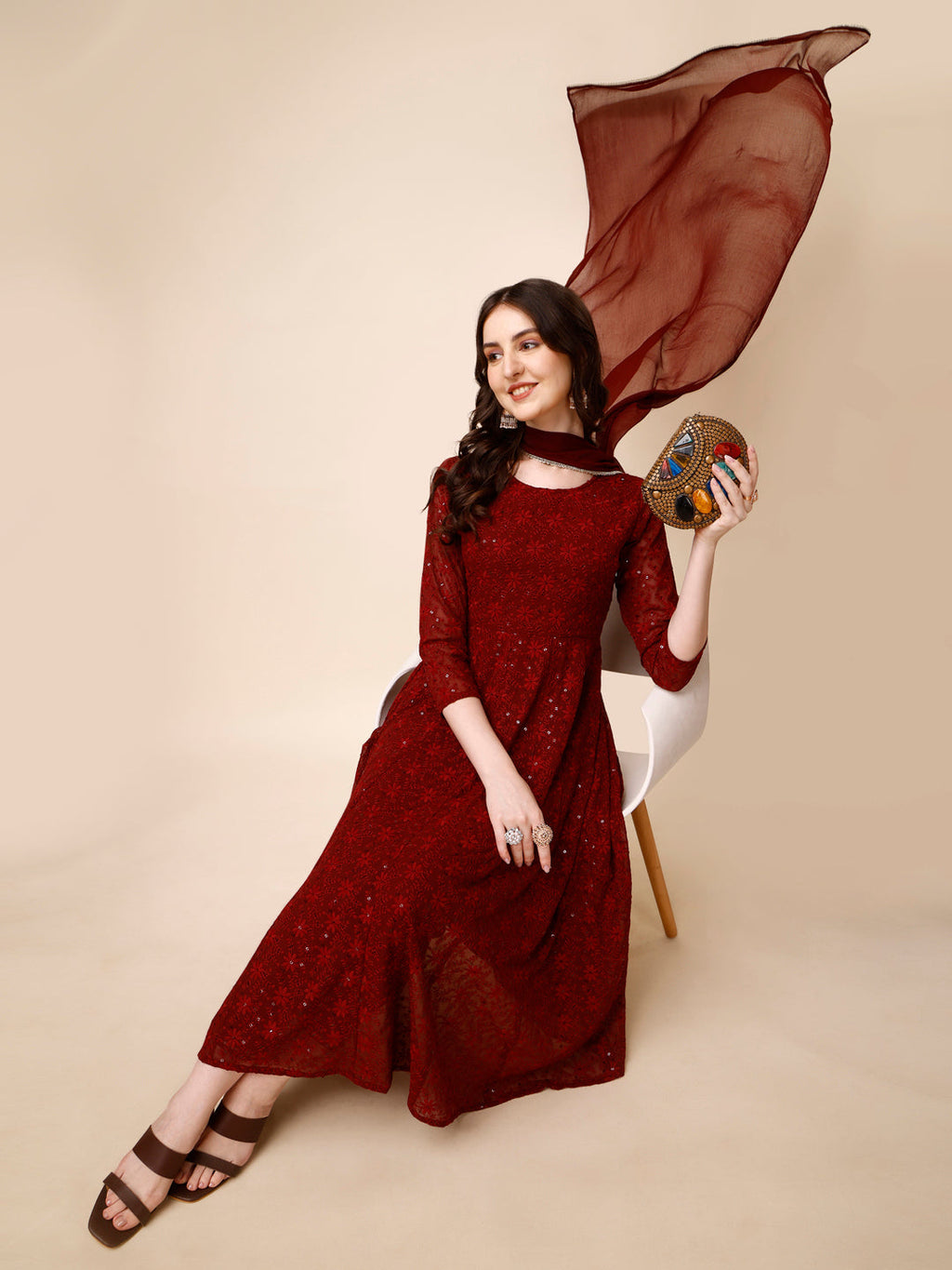 Schiffly Embroidered Flared Kurta With Pant & Dupatta, Maroon - Hiral Fashion | Grocsy