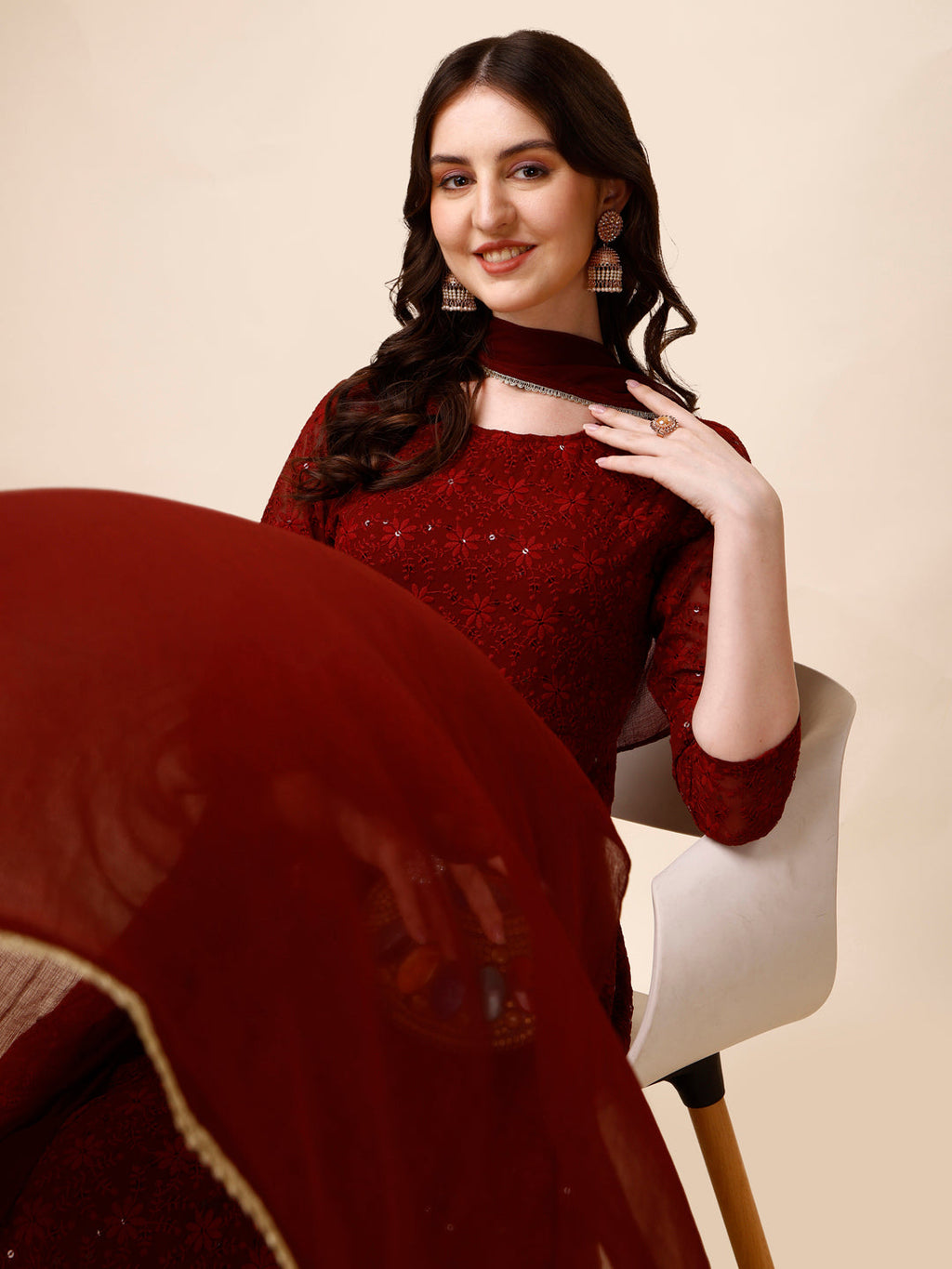 Schiffly Embroidered Flared Kurta With Pant & Dupatta, Maroon - Hiral Fashion | Grocsy