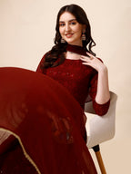 Schiffly Embroidered Flared Kurta With Pant & Dupatta, Maroon - Hiral Fashion | Grocsy