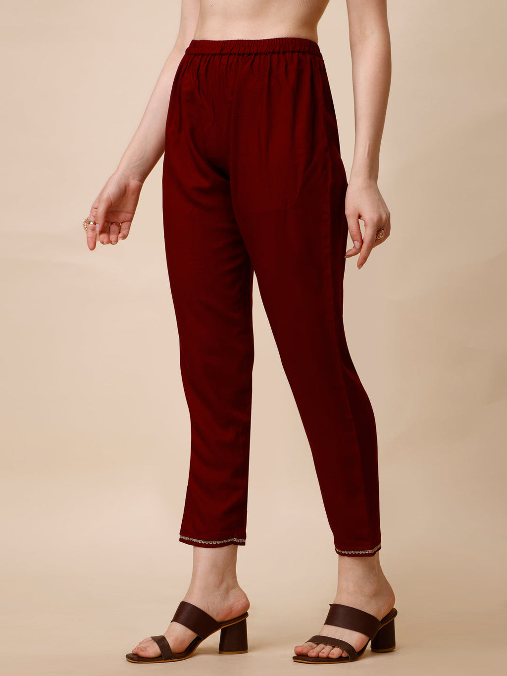 Schiffly Embroidered Flared Kurta With Pant & Dupatta, Maroon - Hiral Fashion | Grocsy