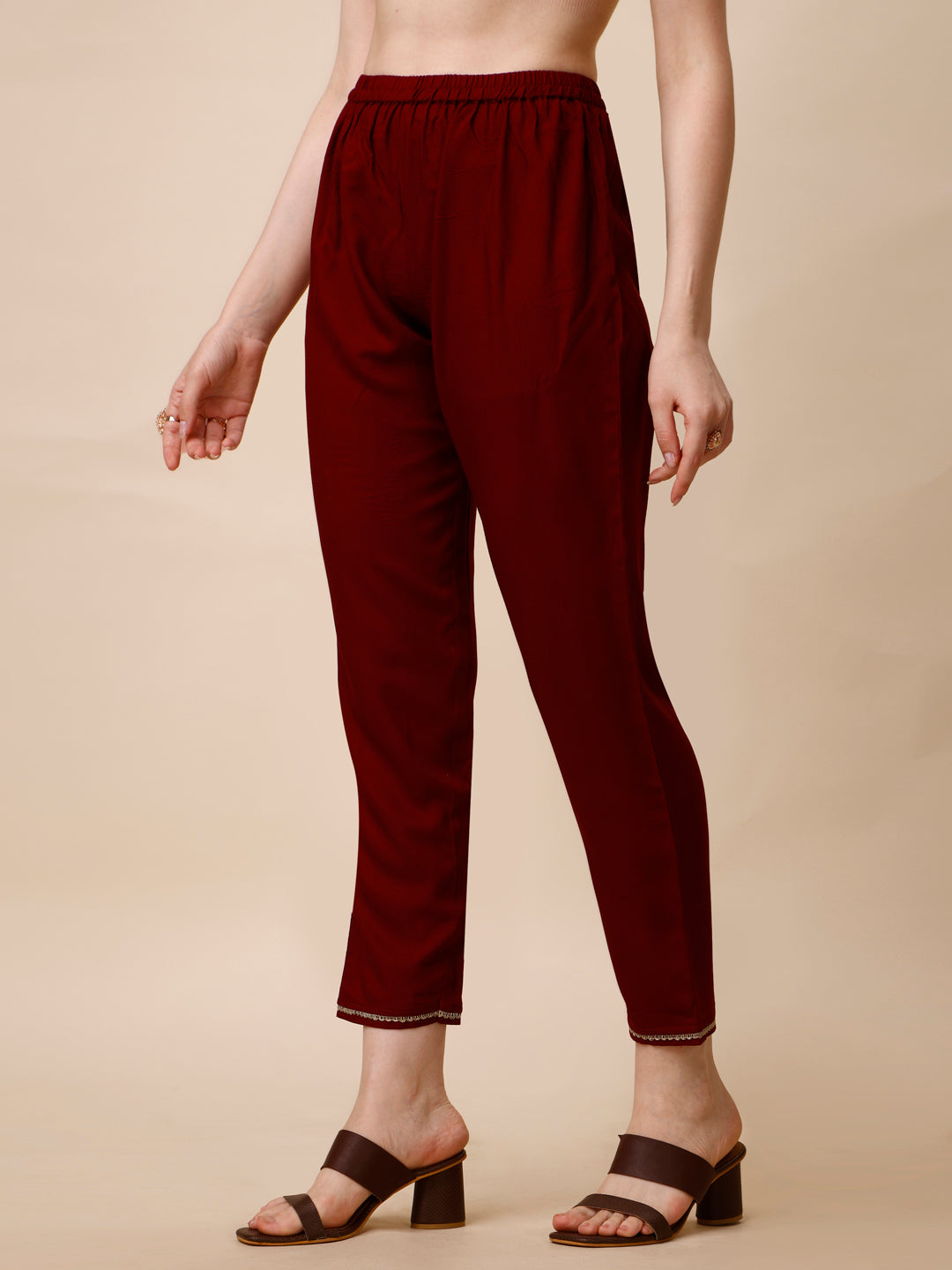 Schiffly Embroidered Flared Kurta With Pant & Dupatta, Maroon - Hiral Fashion | Grocsy