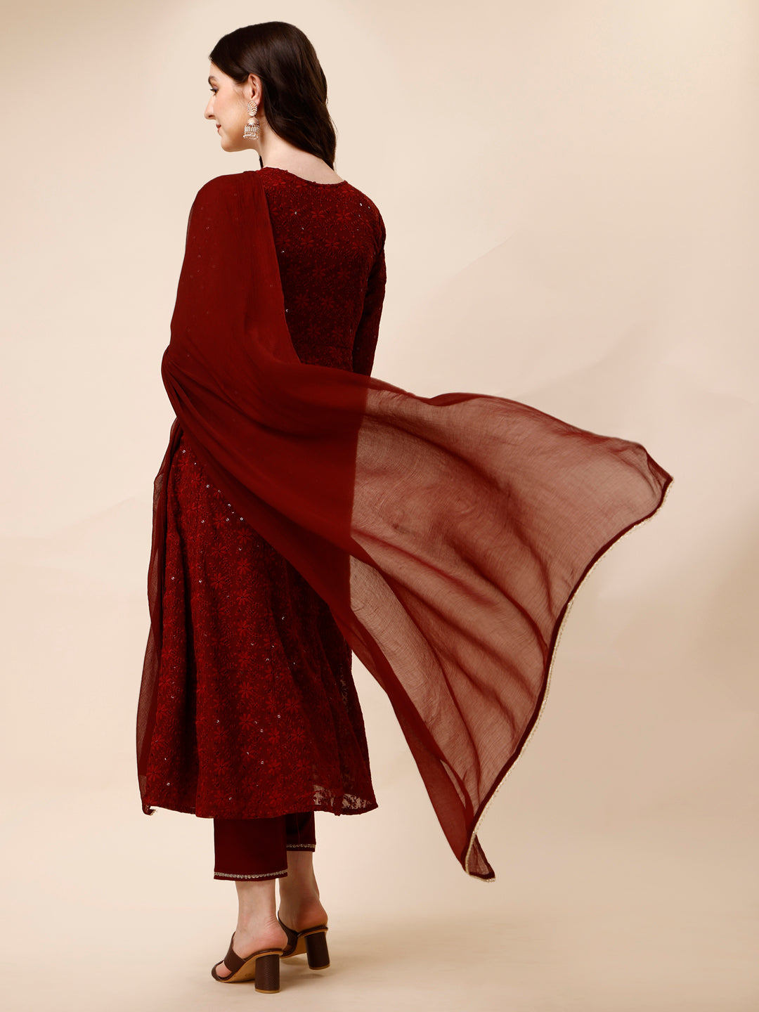 Schiffly Embroidered Flared Kurta With Pant & Dupatta, Maroon - Hiral Fashion | Grocsy