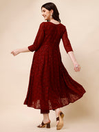 Schiffly Embroidered Flared Kurta With Pant & Dupatta, Maroon - Hiral Fashion | Grocsy
