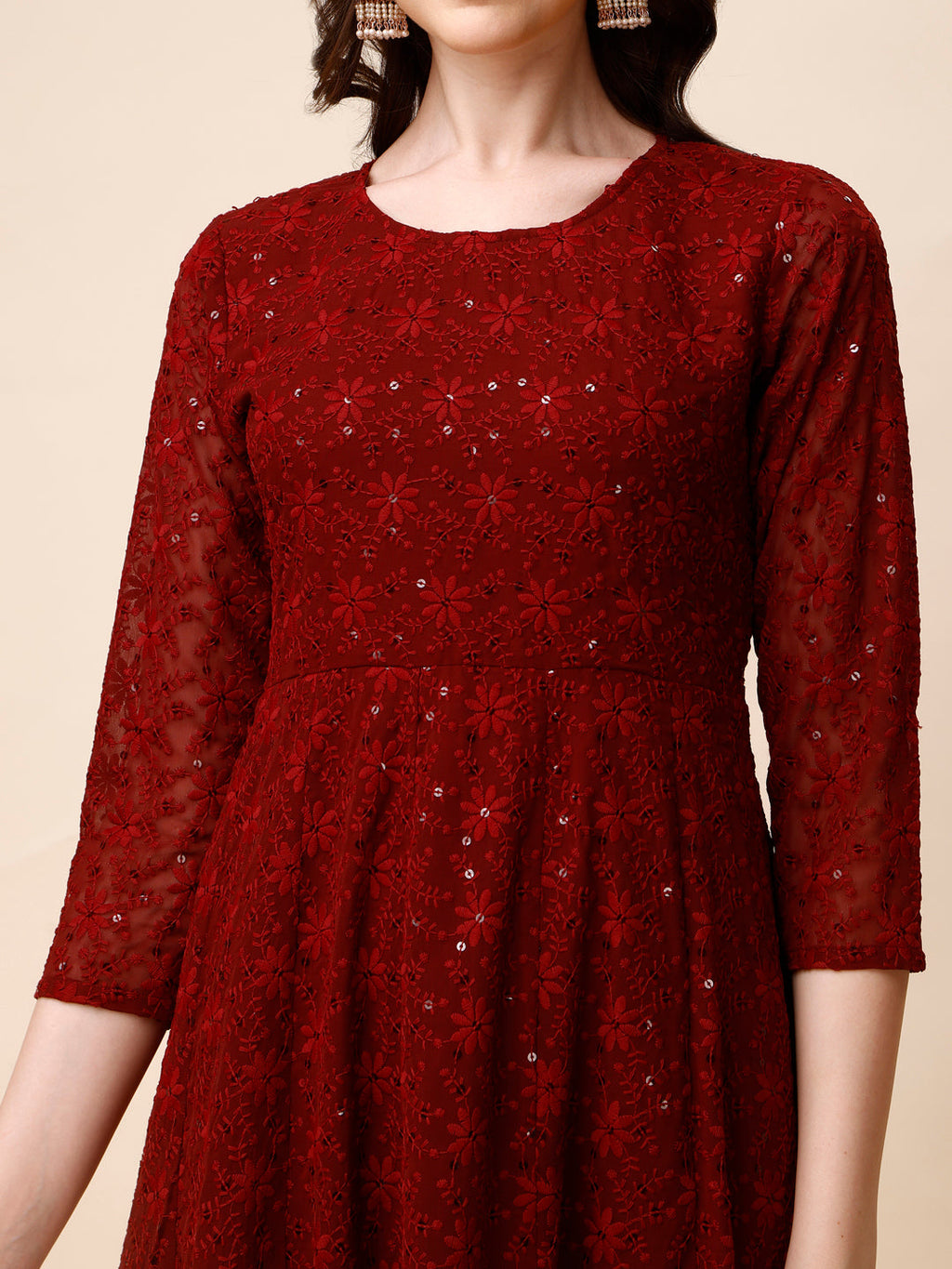 Schiffly Embroidered Flared Kurta With Pant & Dupatta, Maroon - Hiral Fashion | Grocsy