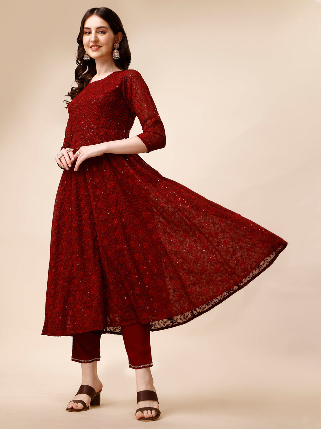 Schiffly Embroidered Flared Kurta With Pant & Dupatta, Maroon - Hiral Fashion | Grocsy