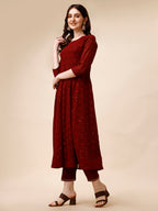 Schiffly Embroidered Flared Kurta With Pant & Dupatta, Maroon - Hiral Fashion | Grocsy