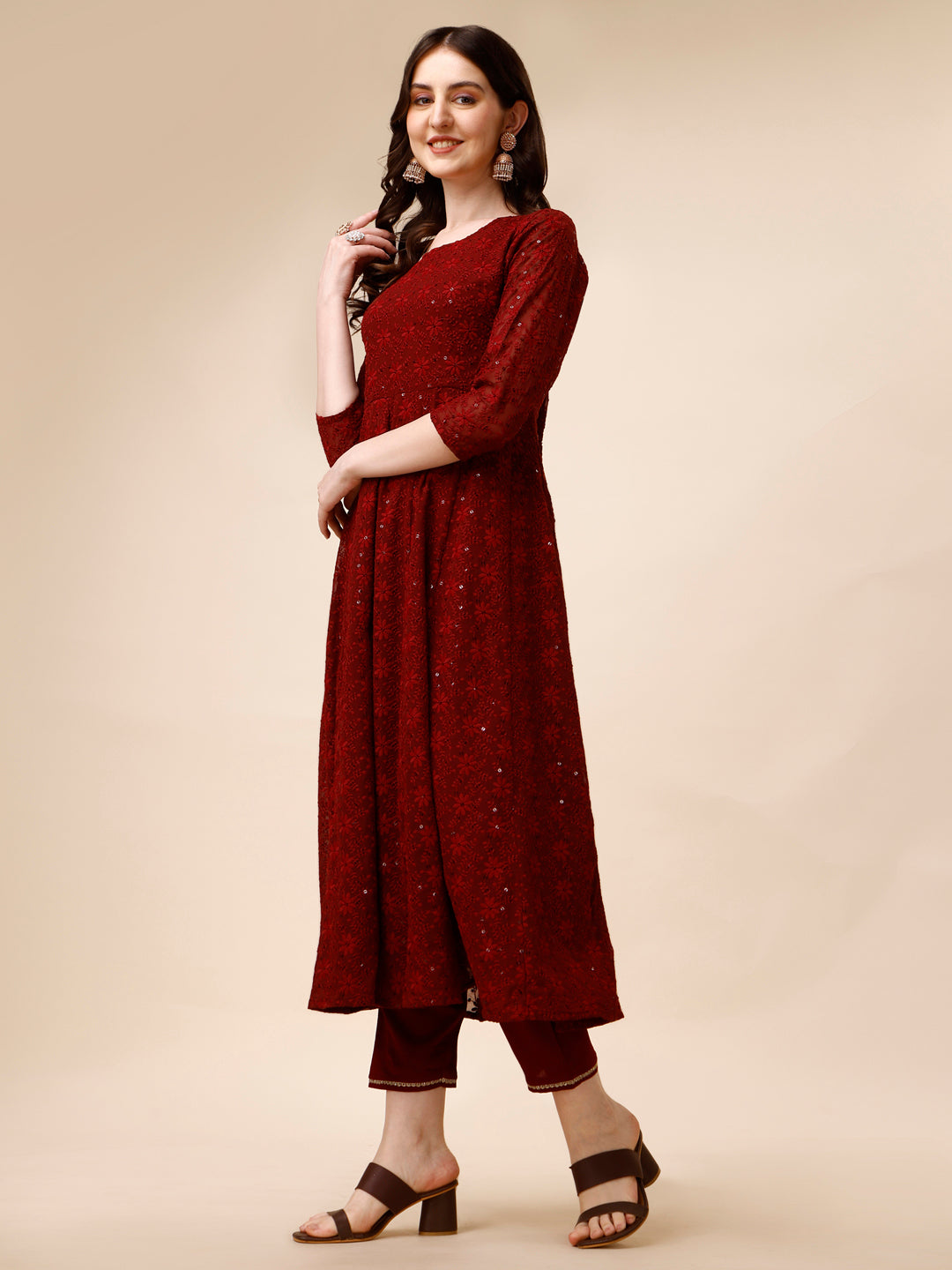 Schiffly Embroidered Flared Kurta With Pant & Dupatta, Maroon - Hiral Fashion | Grocsy