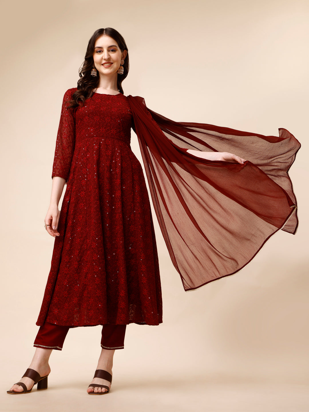 Schiffly Embroidered Flared Kurta With Pant & Dupatta, Maroon - Hiral Fashion | Grocsy