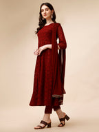 Schiffly Embroidered Flared Kurta With Pant & Dupatta, Maroon - Hiral Fashion | Grocsy