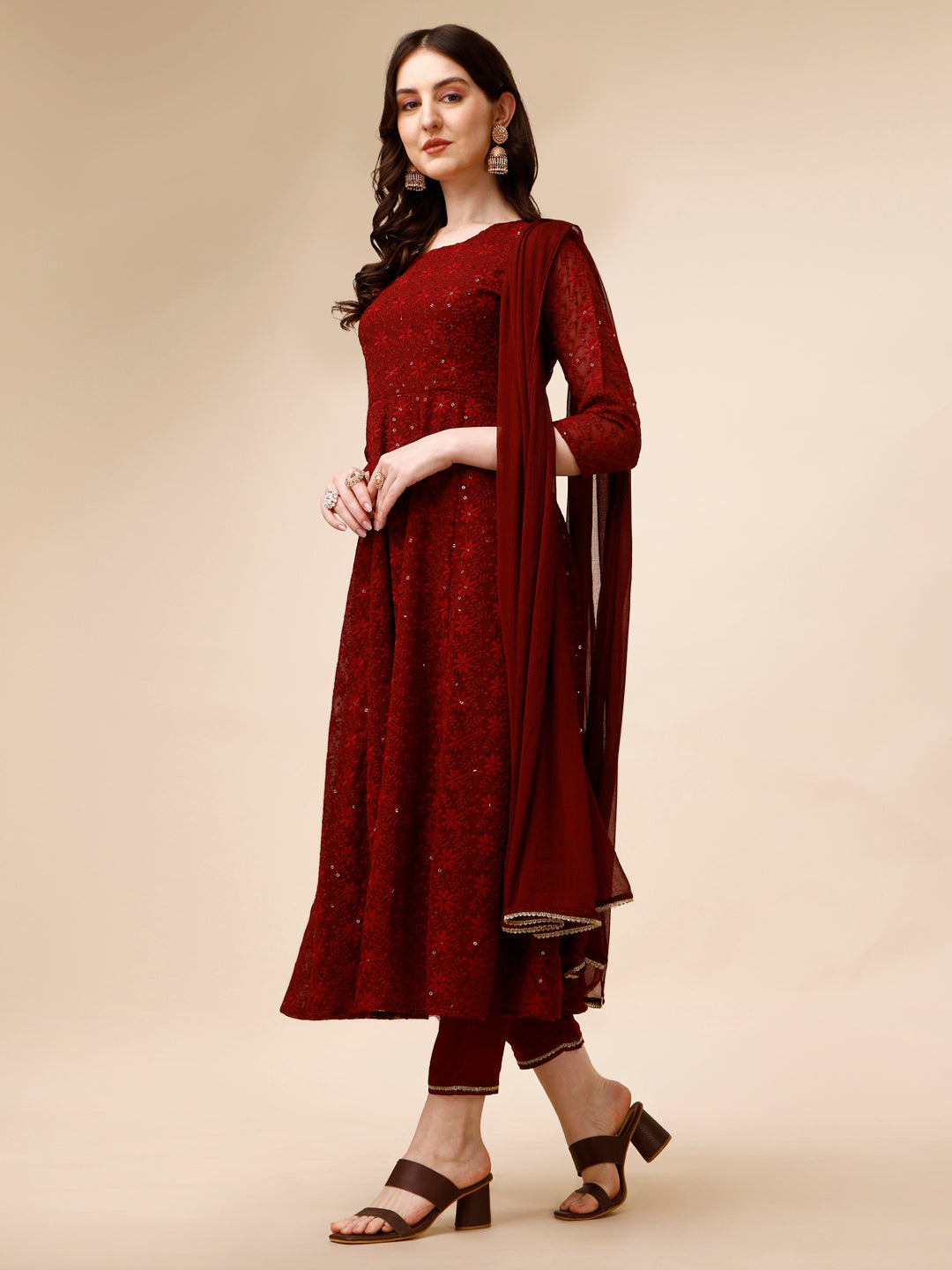 Schiffly Embroidered Flared Kurta With Pant & Dupatta, Maroon - Hiral Fashion | Grocsy