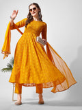 Schiffly Embroidered Flared Kurta With Pant & Dupatta, Mustard - Hiral Fashion | Grocsy