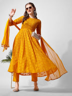 Schiffly Embroidered Flared Kurta With Pant & Dupatta, Mustard - Hiral Fashion | Grocsy