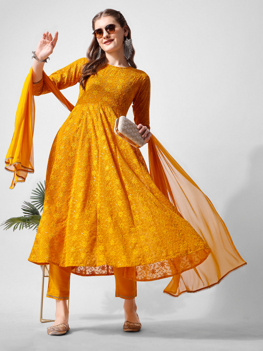Schiffly Embroidered Flared Kurta With Pant & Dupatta, Mustard - Hiral Fashion | Grocsy
