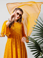 Schiffly Embroidered Flared Kurta With Pant & Dupatta, Mustard - Hiral Fashion | Grocsy