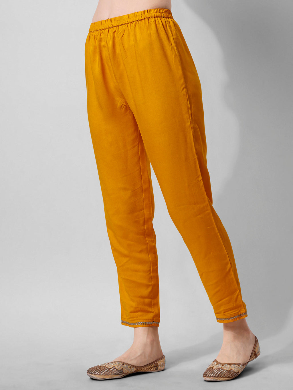 Schiffly Embroidered Flared Kurta With Pant & Dupatta, Mustard - Hiral Fashion | Grocsy