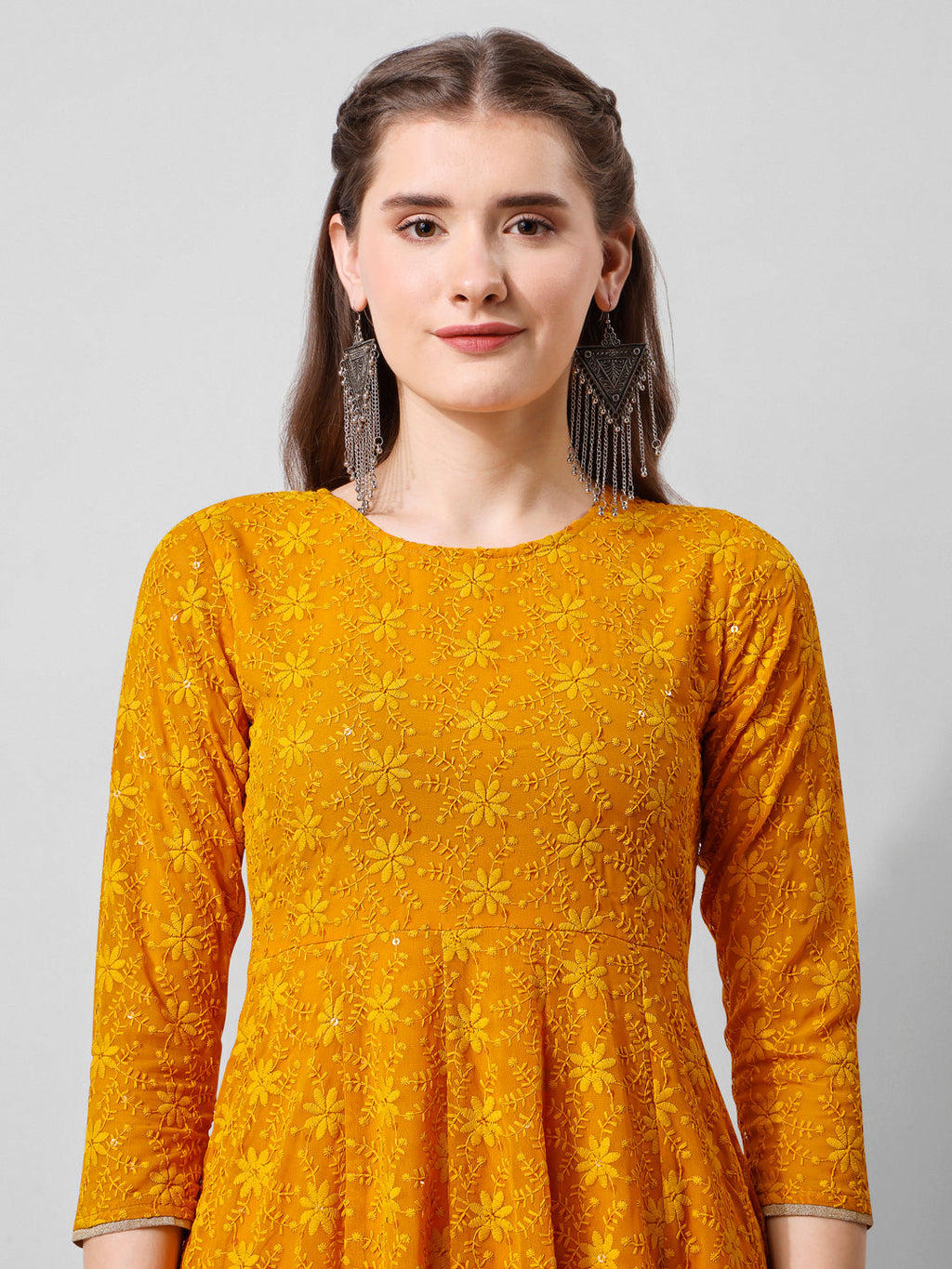 Schiffly Embroidered Flared Kurta With Pant & Dupatta, Mustard - Hiral Fashion | Grocsy
