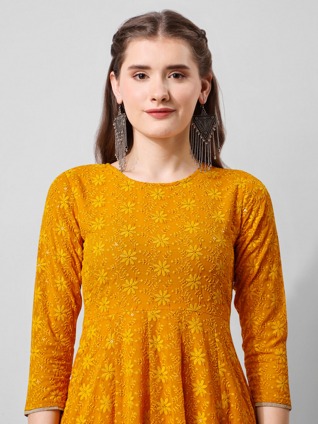 Schiffly Embroidered Flared Kurta With Pant & Dupatta, Mustard - Hiral Fashion | Grocsy