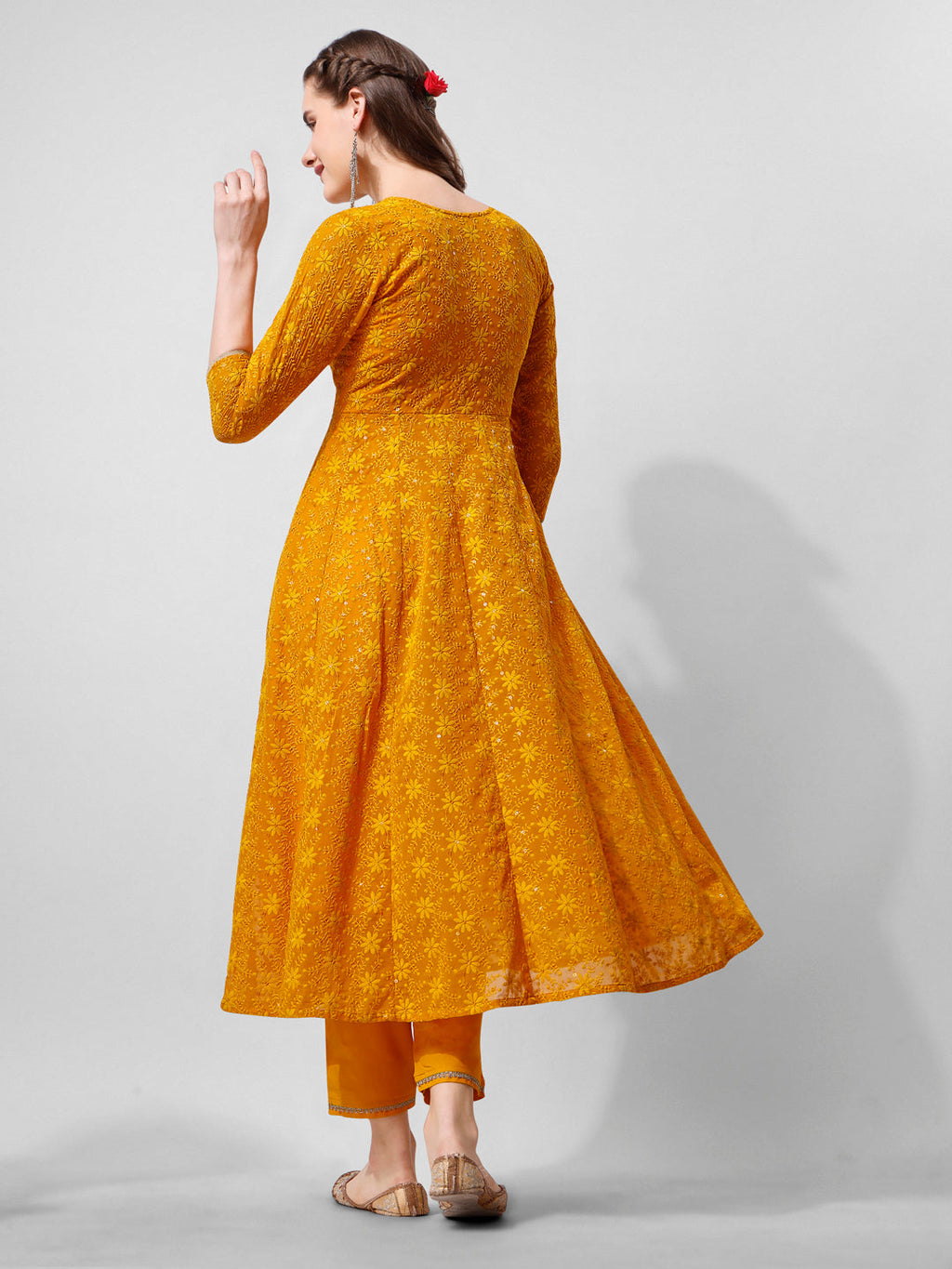 Schiffly Embroidered Flared Kurta With Pant & Dupatta, Mustard - Hiral Fashion | Grocsy